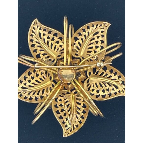 Vintage Gold Tone Brooch Pendant Star Flower Green and Clear Rhinestones 2" - Picture 7 of 11